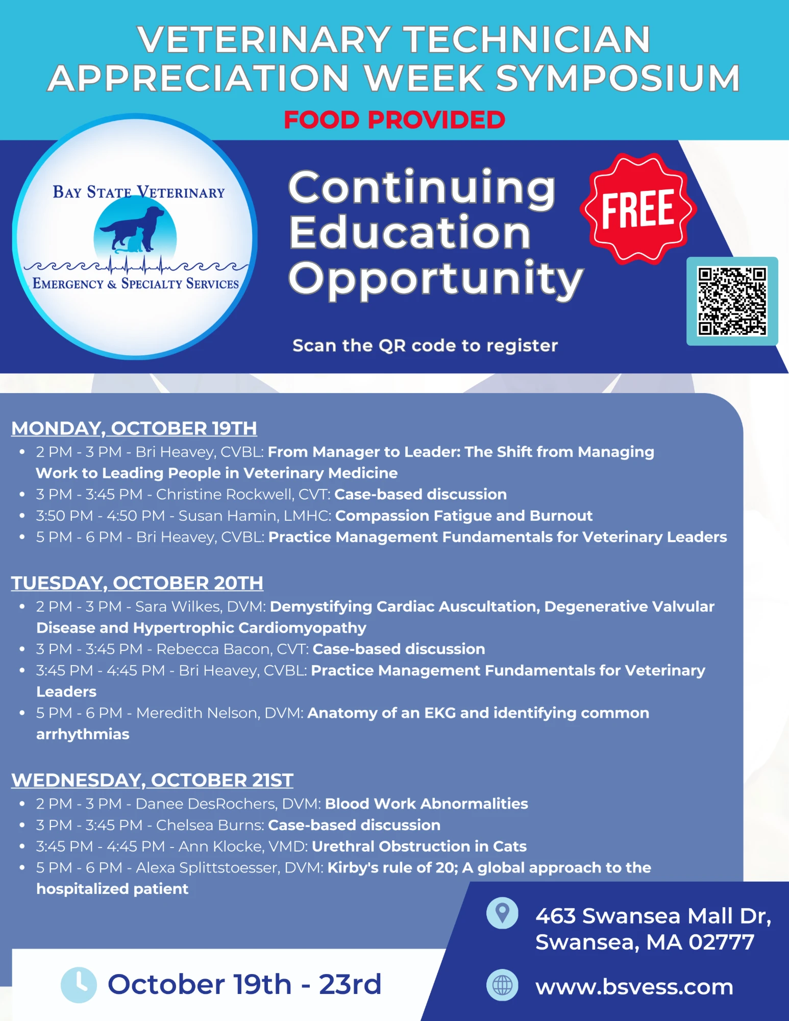 Veterinary Technician Appreciation Week Symposium schedule, Monday October 19 through Wednesday October 21
