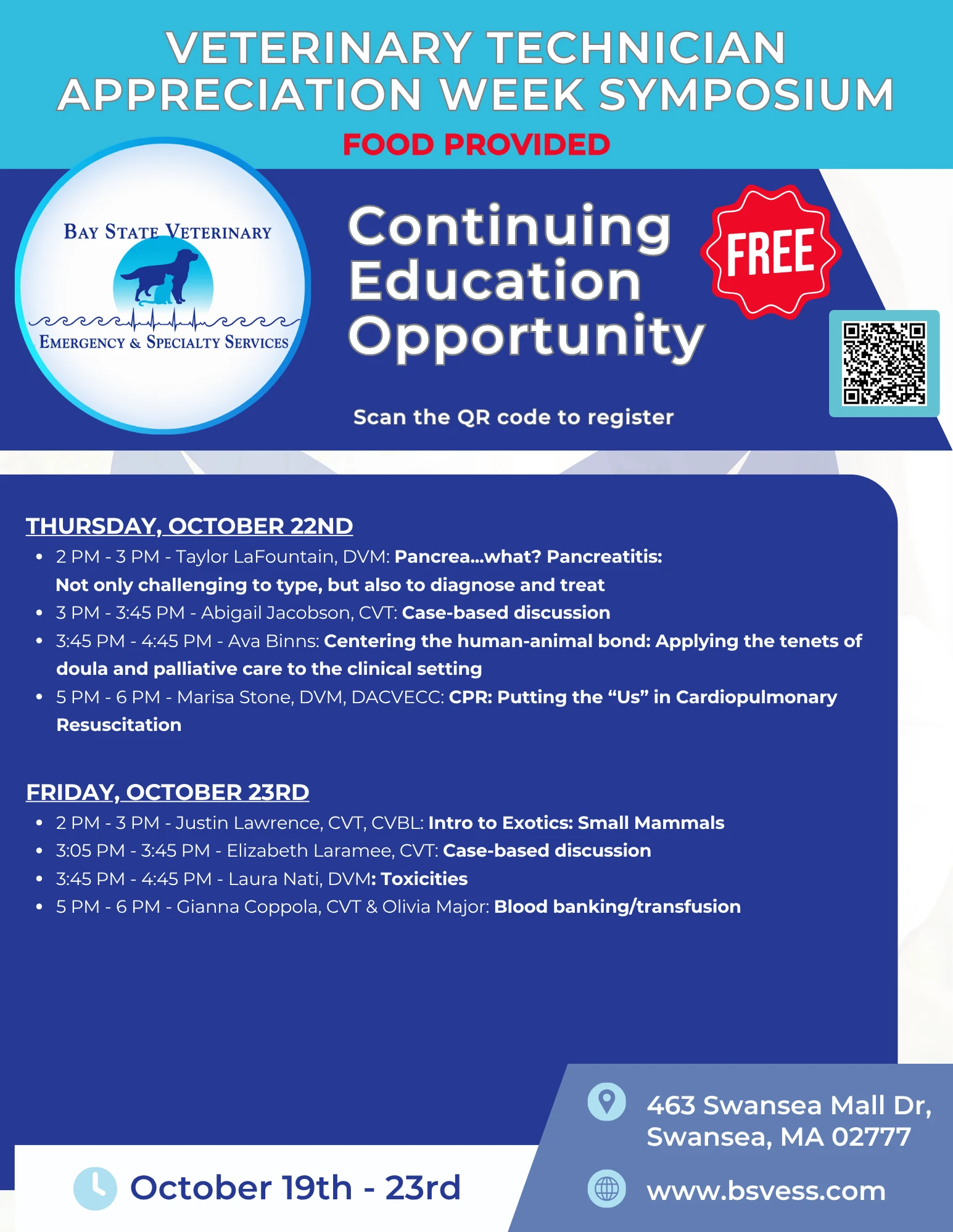 Veterinary Technician Appreciation Week Symposium schedule, Thursday October 22 and Friday October 23